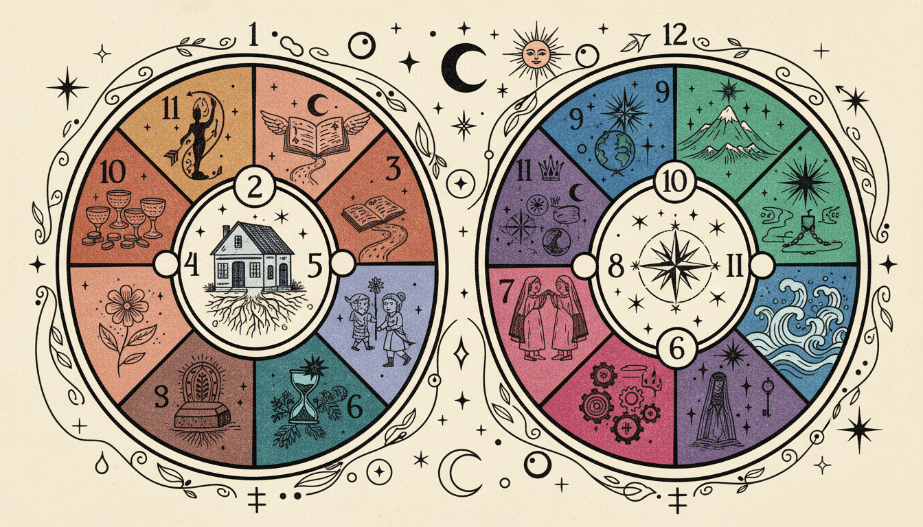 Astrological chart wheel showing the 12 houses with zodiac signs and planetary symbols