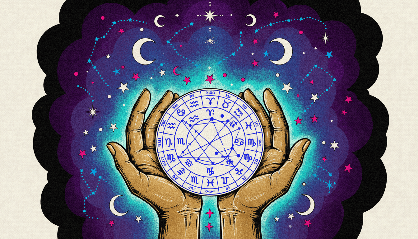 Circular natal chart wheel showing zodiac signs, planets, houses, and aspects in an educational layout