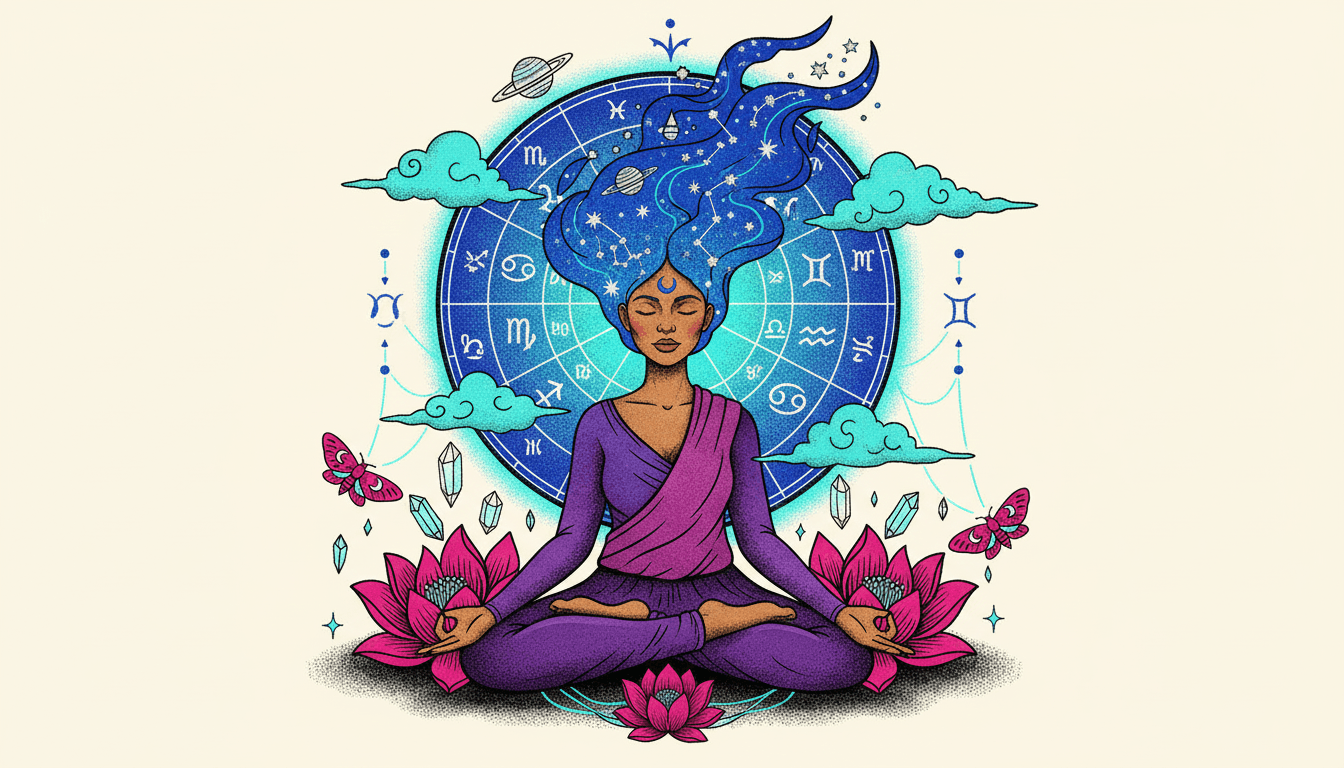 A colorful natal birth chart wheel showing planets, zodiac signs, and house divisions with geometric lines