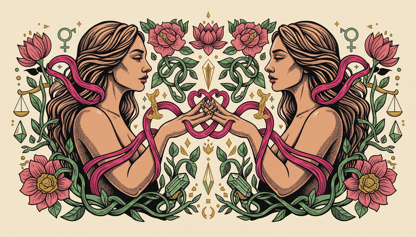 Two partners standing at the seventh house cusp on astrological wheel