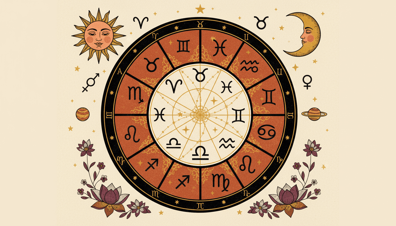 Zodiac birth chart wheel with planetary positions and astrological houses