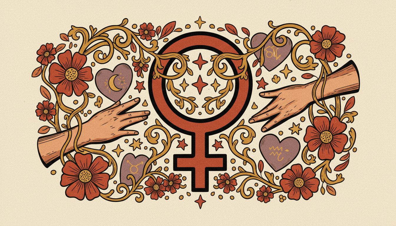 Two figures in cosmic space sharing a moment of connection, with Venus symbol glowing between them