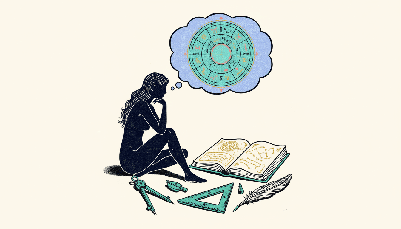 Detailed birth chart wheel showing planetary positions, zodiac signs, and houses with interpretation framework