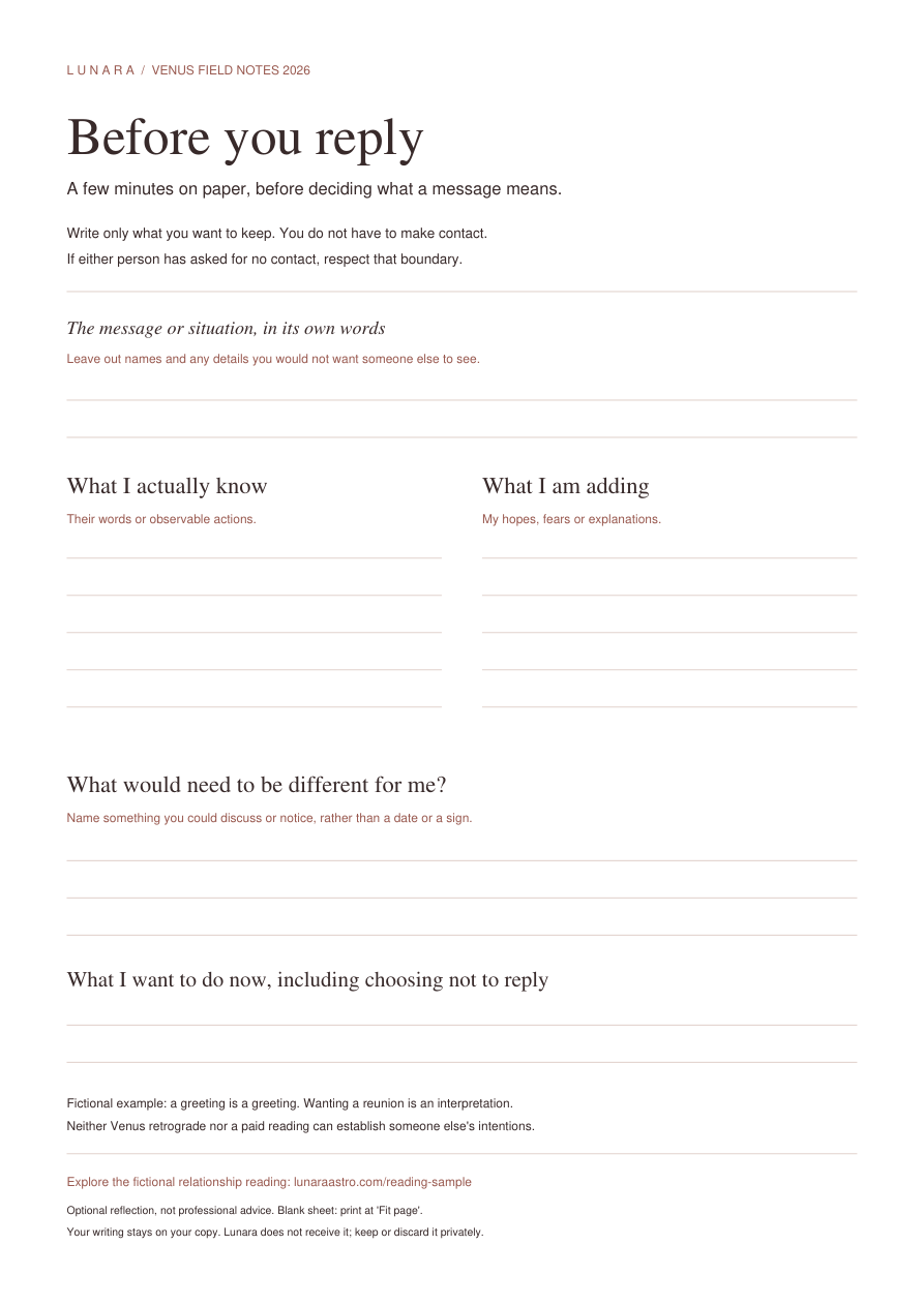 Preview of Lunara's blank one-page reflection sheet, with separate columns for known facts and personal interpretations.