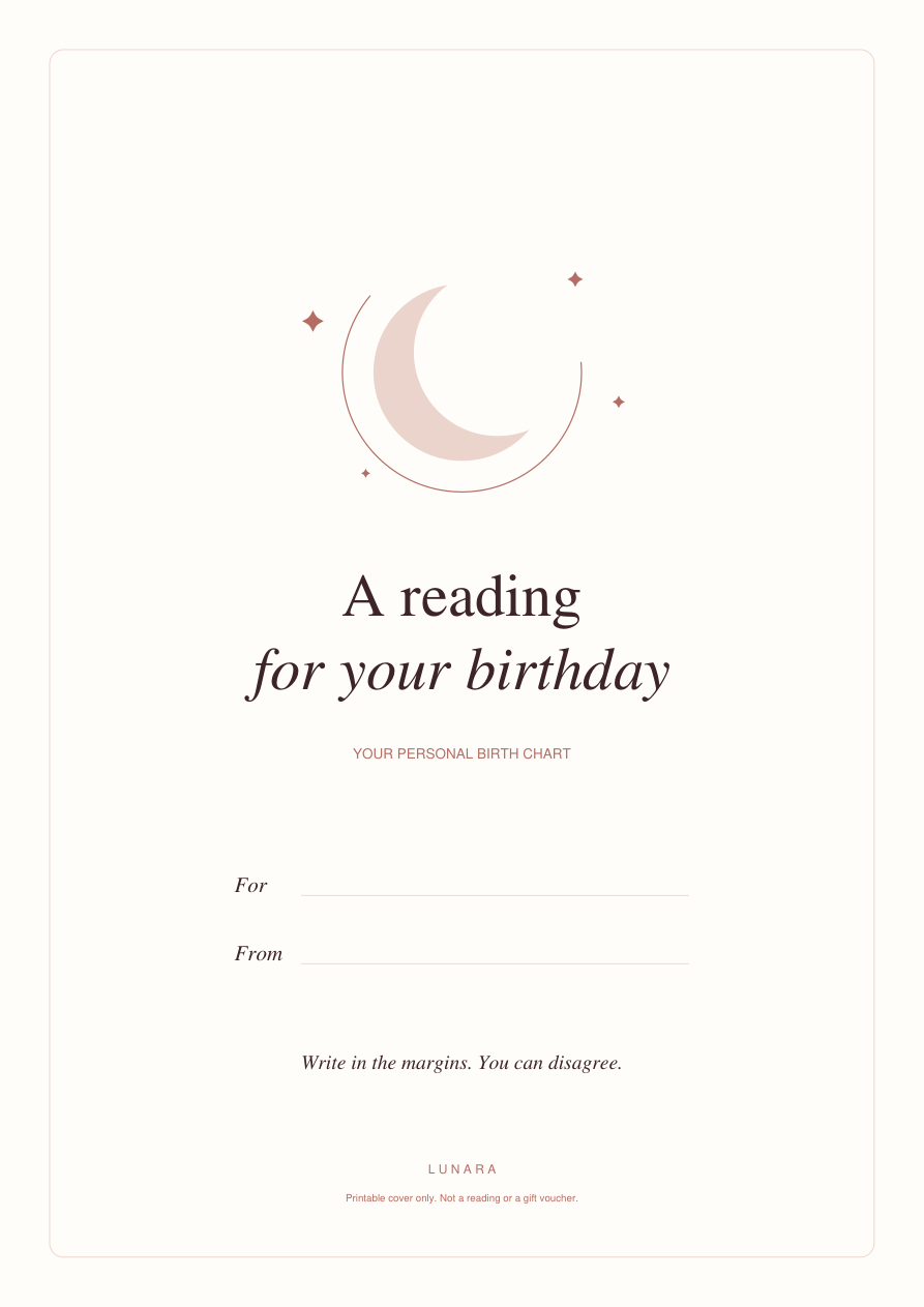 The actual printable birthday cover: a rose crescent, the title A reading for your birthday, and blank For and From lines.